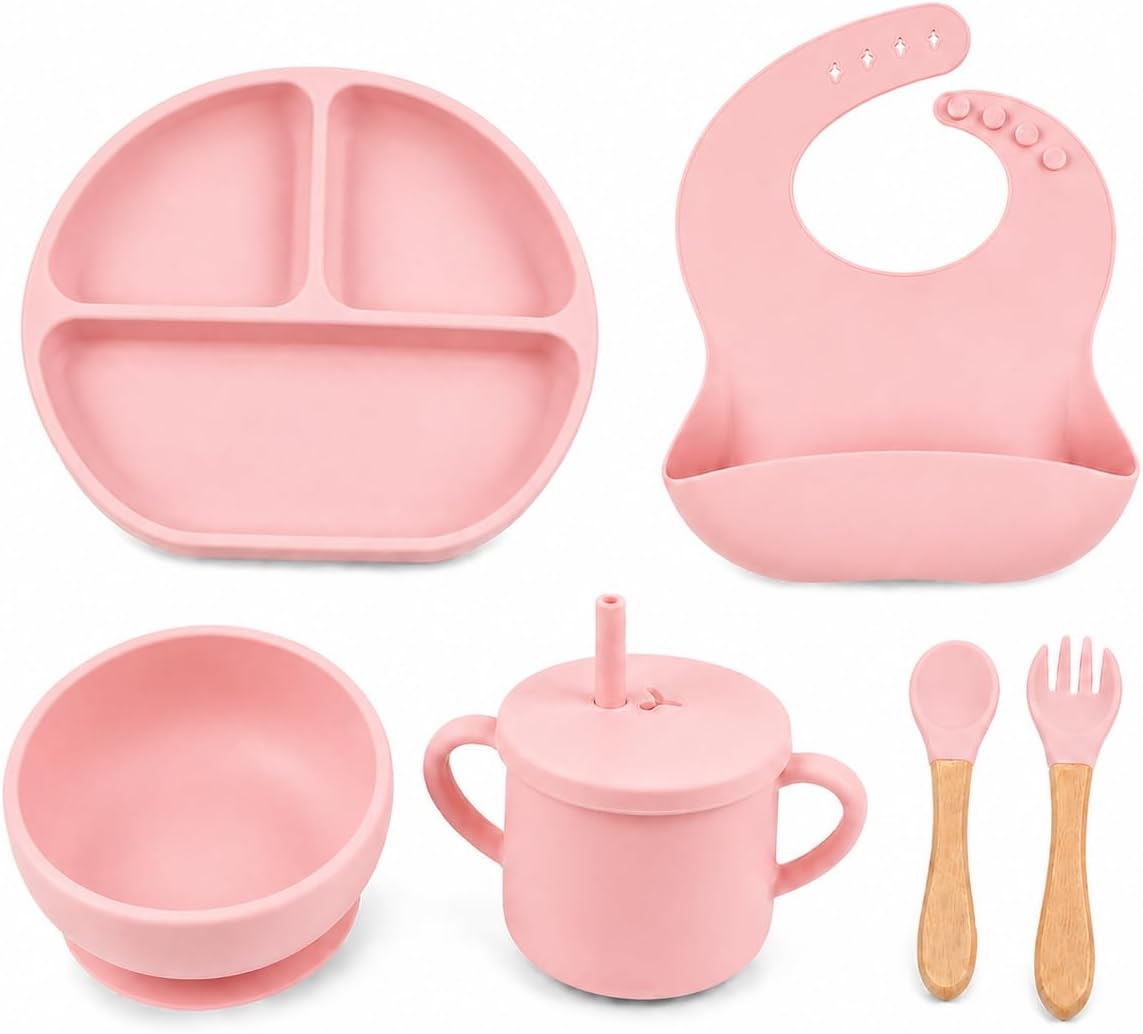 Kit Introdução Alimentar Bebê 6 Peças em Silicone Livre de BPA com Prato, Bowl, Babador, Copo com Tampa e Canudo, Colher e Garfo, Kit Alimentação Infantil para Bebês (Rosa)