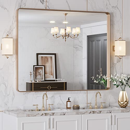 LOAAO 40"X32" Gold Bathroom Mirror, Rounded Rectangle Gold Frame Mirror, Brushed Gold Bathroom Vanity Mirror Wall-Mounted, Anti-Rust, Tempered Glass, Hangs Horizontally or Vertically