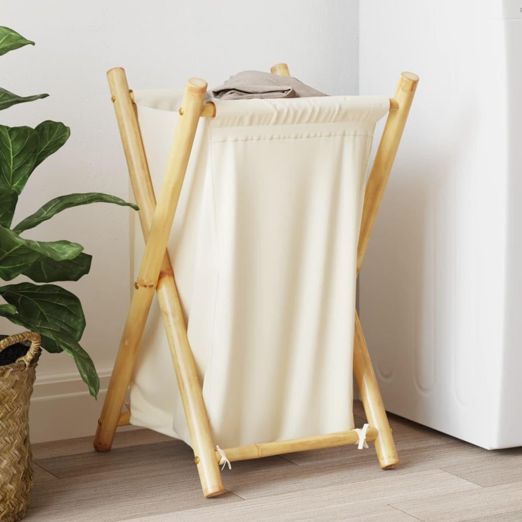 Wäschekorb Aus Bambus Cremeweiß 41,5x36x63,5 Cm | Faltbar Platzsparend, Atmungsaktiver Stoff, Leicht Transportierbar, Für Kleine Räume