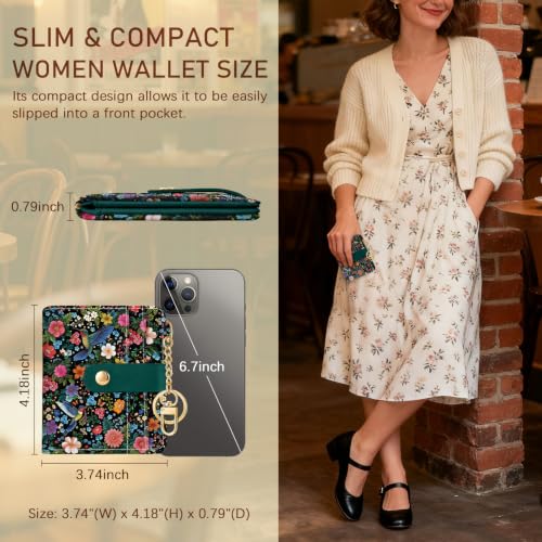 Image of Jogjam Bird Floral Small Women Wallet, Rfid Slim Compact Credit Card Holder | PU Leather Bifold Cash Zipper Coin Pocket ID Window, for Female Ladies Teen Girls Girly Gifts