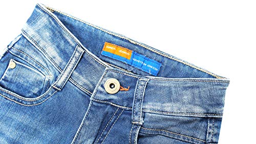 KIDSCOOL SPACE Kids rasgado fashion letras pequenas bordadas elástico dentro jeans slim, Azul, 5-6 a