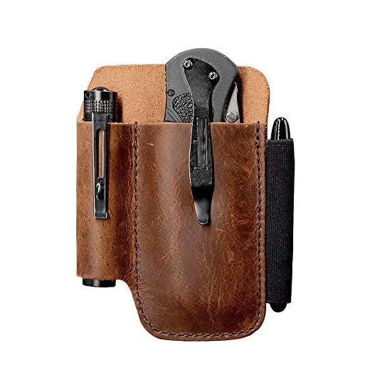 EDC Leather Belt Knife Sheath Organizer for 4.5" Knife, Fit 0.6" Diameter Tactical Flashlight, Belt Tool Pouch, Pocket Slip Pouch, Pen Loop, EDC Holster Essential Carrier, Premium Leather. Chestnut.