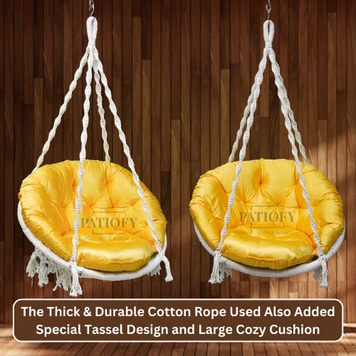 Image of Patiofy Premium Round Shaped Swing for Adults /Jhula for Adults /Swing for Balcony /Hammock Swing /Jhoola for Adults Outdoor /150kgs Weight Capacity /Includes Large Yellow Sitting Cushion(White-32Inches)