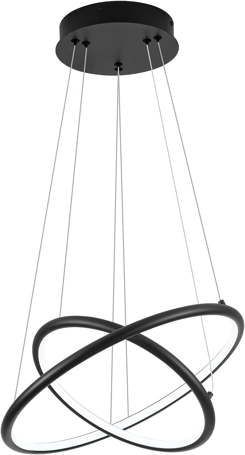 ROYAL PEARL Modern Pendant Lighting Adjustable 2 Rings Hanging Chandelier Lighting for Kitchen Island Living Dining Room Bedroom Cool White 6000K 36W Black