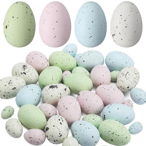 Soulchen 36 Pcs Artificial Bird Eggs Easter Pastel Speckled Eggs Colored Faux Egg for Easter Spring Display DIY Craft Home Bowl Fillers Decoration(Light Pink, Light Blue, Green, White) by Soulchen - Used condition - US$8.02