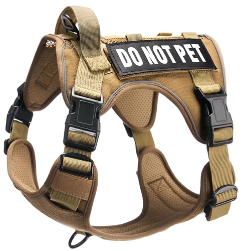 DNALLRINO Tactical Dog Harness for Medium and Large Breeds Air Dog Vest No Pull with Reflective Do Not Pet Patches Breathable Dog Molle Vests for Training Walking Hunting Brown