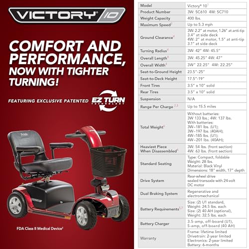 Pride Mobility Victory 10 4 Wheel SC710 w/U-1 Batteries Mobility Scooter, Outdoor 4-Wheel Travel Electric Mobility Scooter for Adults, 400 lbs. WC, Up to 5.3 MPH, 15.5 Miles Range Per Charge