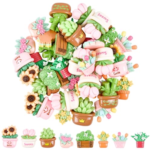 SUNNYCLUE 1 caja de 40 colgantes de Plantas Suculentas de 5 estilos, Bonitos Cabujones de Resina Plana, Opacos, de Bambú, con Forma de Narciso, para Macetas, para Hacer Álbumes de Recortes, Hacer Joya