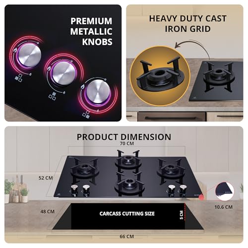 Image of Elica 70cm 4 Burner Auto Ignition Hob | RG FLEXI 470 LOTUS IND HD BRASS | SABAF Brass Burners | Built-in & Freestanding | Toughened Black Glass | 10-Year Burner & 5-Year Glass Warranty