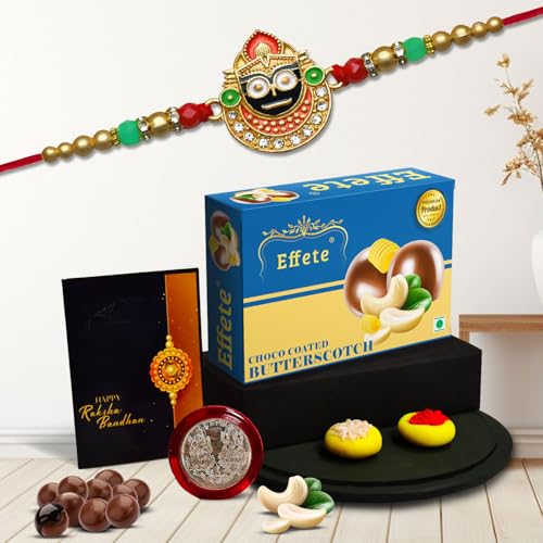 Image of DeoDap Multicolor Red Roli Chawal Rakhi Bracelets with Chocolate Butter Scotch 32gm, Silver Pooja Coin, Tilak Set, Greeting Card - Rakhi Gift for Brother