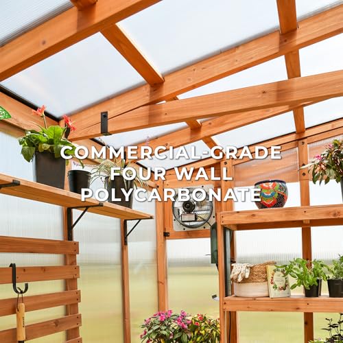 Image of Backyard Discovery Poppy 11' x 7' Cedar Wood and Polycarbonate Walk-In Greenhouse Kit with Exhaust Fan, Windows, Hose Hook-Ups, PowerPort, Staging Shelves, Plant Hooks for Year-Round Outdoor Gardening