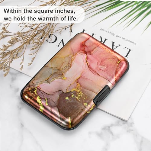 Image of ELFISH Mini RFID Aluminum Wallet Credit Cards Holder Business Card Case Metal ID Case for Men Women, Pink Grey Marble, small, Compact