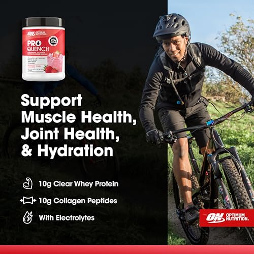 Image of Optimum Nutrition Pro Quench, 10g Clear Protein, 10g Collagen peptides & Electrolyte Powder Drink Mix, Strawberry, 20 Servings, 520 Grams (Packaging May Vary) | Clear Whey Protein & Collagen Peptides Sports Drink Mix with Electrolytes, No Added Sugar, No Artificial Flavors, Easy Mixing