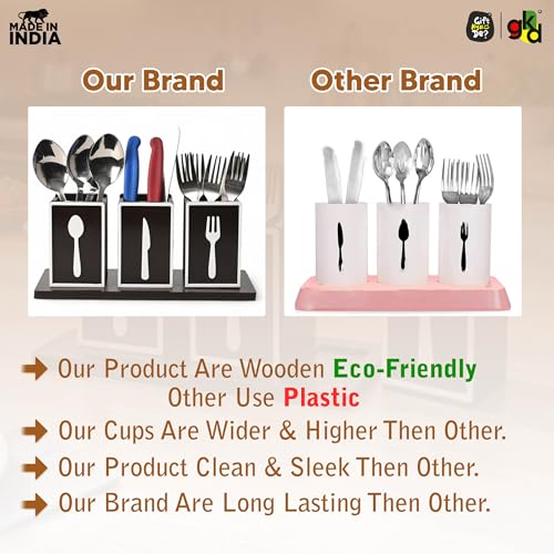 Image of GKD Wooden Spoon Holder for Kitchen Counter, 3 Section Cutlery Stand Organizer for Spoon Knife Fork, MDF Wood Utensil Holder with Base for Dining Table & Kitchen (Made in India) (Classic Cutlery)