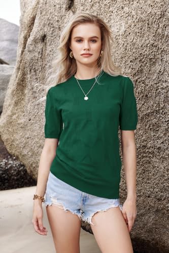 Image of Arach&Cloz Women's Short Sleeve Crew Neck Sweaters Trendy Teacher Work Tops | Lightweight&Breathable Fabric, Texture Knit Design, Relaxed Fit, Business Casual Outfits, Teacher Work Tops Fall 2026