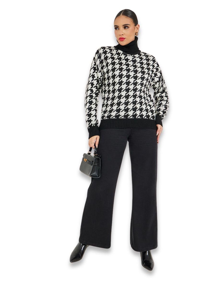 Women Houndstooth Pattern Sweater | Regular Fit Turtle Neck Pullover with Long Sleeves & Ribbed Hemline | Winter Wear for Women & Girls