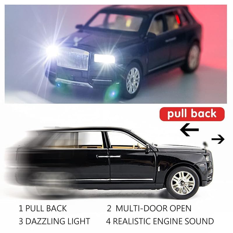 Image of Kids Model 1:24 RR Cullinan Die Cast Metal Car Pull Back Action Opening Doors with Realistic Engine Sound Lights Toy Car Gift for Boys - Black