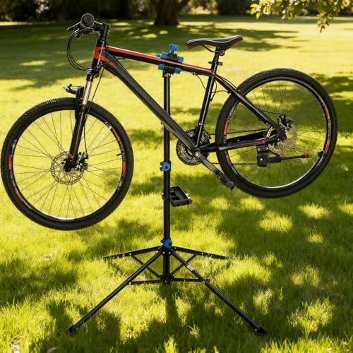kisidus Fahrradmontageständer Reparaturständer mit Werkzeugablage, klappbar & höhenverstellbar, Klemmkopf 360° drehbar, Montageständer vierbeinig stabil mit festem Stand, bis 30 kg belastbar