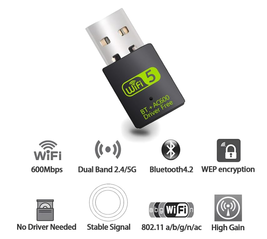 Chiavetta Wifi Usb Dual Band 2.4/5GHz, Antenna Wifi 600 mbps, Plug and Play, Adattatore di Rete Wireless per PC/Desktop/Tablet/Laptop, Compatibile con Windows, Mac OS X (da 10.9 fino a 10.15