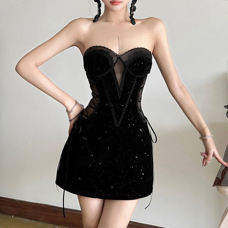 JSEIAJB Slim Fit Short Collar High Waist Dress Fashion Tube Top Sleeveless Dress(Large)