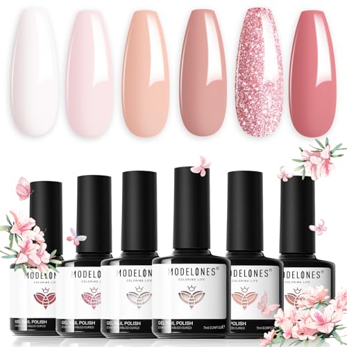 Modelones Vernis Semi Permanent Nude Rose, Vernis Gel UV Semi Permanent Kit 6 Couleur Vernis à Ongles Semi Permanent Soak Off Gel Polish French Manucure Adapté au Printemps Été Fête des Mères