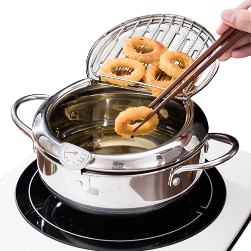 Yuehuam Stainless Steel Deep Fryer Pot, 11 Inch 4. 2L Tempura Frying Pot with Lid and Temperature Control Oil Drip Drainer Rack for Fried Chicken, Shrimp, French Chips dip