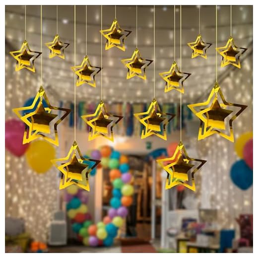 Party Propz 3D Star Hanging Decoration - 14 Pcs | Room Hanging Decor | Ceiling Hanging Decoration Items | Happy Birthday Decoration Items | Decoration Items for Living Room | Hanging Decoration Item