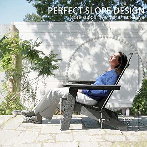 Lue Bona Folding Adirondack Chair Set Of 4, Dark Grey Poly Fire Pit Adirondack Chair Weather Resistant, Modern Plastic Adirondack Chairs With Cup Holder, 300Lbs, Outdoor Chairs For Pool Porch Beach #TOP1