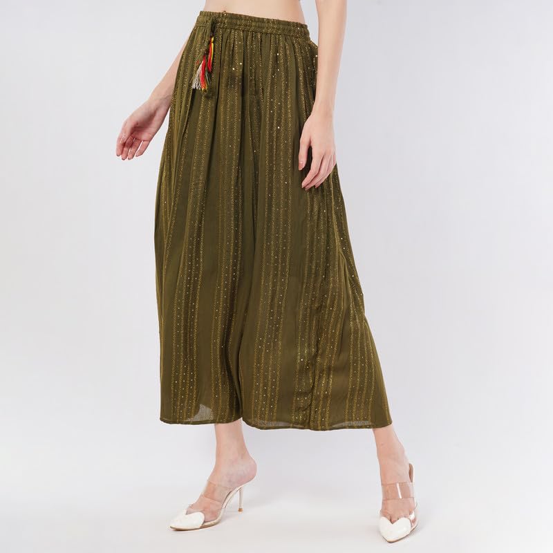 Rabhika Women’s Olive Green Pure Cotton Maxi Skirt with Subtle Gold Shimmer, Festive Ethnic Long Skirt for Women| L 4