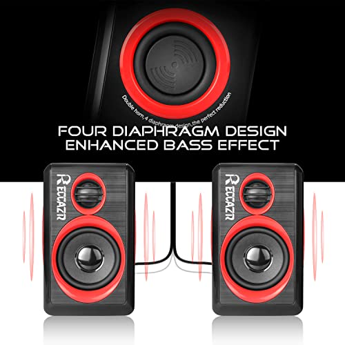 Reccazr Computer Speakers, 2.0 Ch Pc Speakers With Surround Sound, Usb Wired Laptop Speakers With Deep Bass For Desktop Computer/Pc/Laptops/Smart Phone Build-In 4 Loudspeaker Diaphragm Sp2040|Red #TOP1
