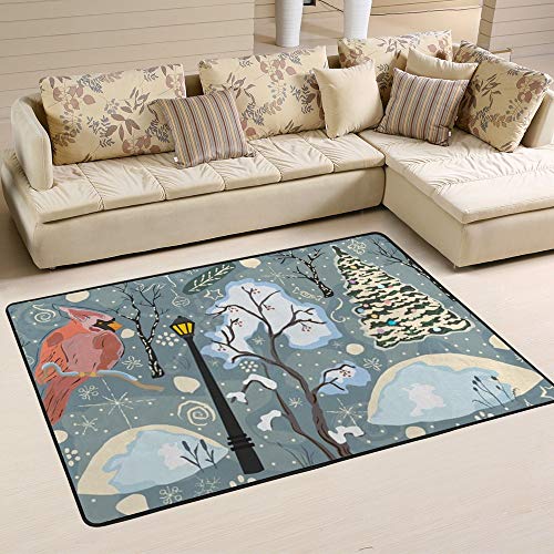 Tapis salon velours corail grand modèle Ruchen motif oiseau cardinal forêt hiver de 152x99 cm - 6