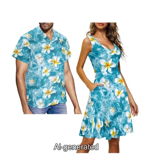 Image of Dreaweet Summer Dresses for Women A-Line Sleeveless Flowy Sun Dresses,Men's Casual Button-Down Shirts,Couple Matching Outfits