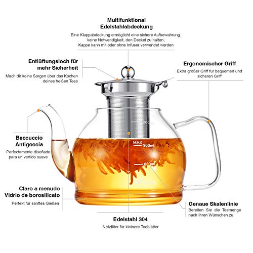 Teekanne Glas, 1200ML Teekanne mit Siebeinsatz, Borosilikatglas Teeservice, Glasteekanne, Teekanne Glas mit Siebeinsatz… - Image 3