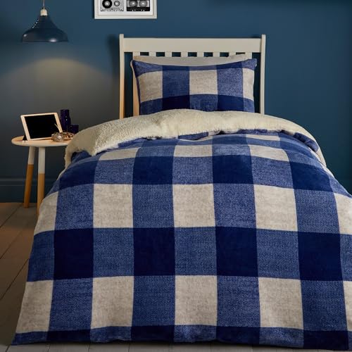 Bedlam Blue Check Teddy Fleece Duvet Cover Set – Single Size (140x200cm) – Reversible Cosy Flannelette Bedding – Soft Fleece Quilt Cover – Tartan Blue & White Winter Bedding – Warm & Washable