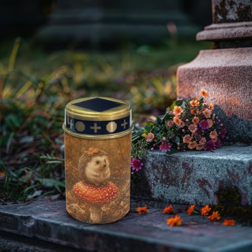 Image of Poceacles Solar Pathway Lights Outdoor Grave Solar Lights Outside Waterproof Cemetery Flameless Candles Outdoor Grave Candle Markers Eternal Decor, Hedgehog Mushroom Forest Print, Set of 6
