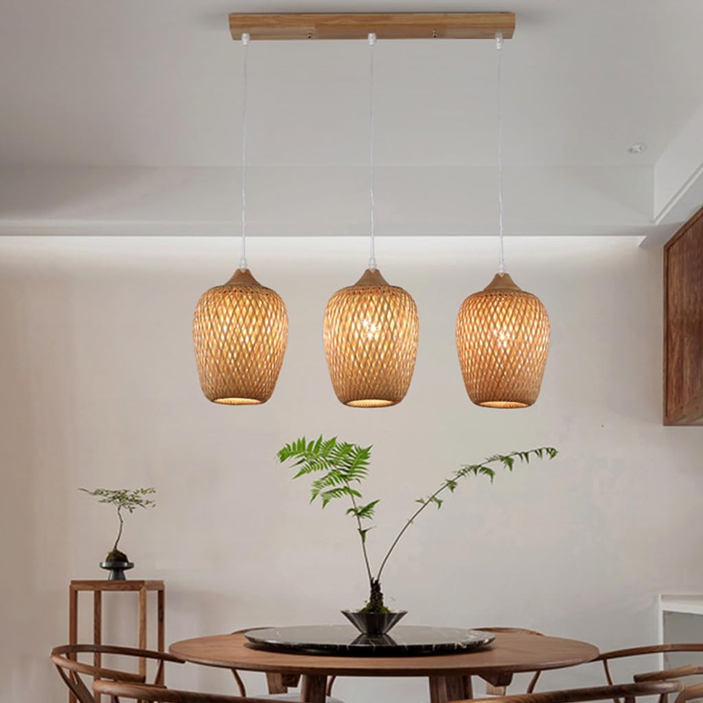 Lámpara De Techo Boho Lámpara De Ratán Retro Lampara Techo Ratan Lampara Mimbre Colgante De Madera 3 Luces Lámpara De Techo Boho Con Pantalla De Ratán Para Comedor Salón Cocina Bar, 54cm