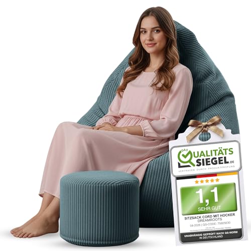 DreamRoots Sitzsack Cord Erwachsener Sitzsäcke Jugendlicher Teenager 80x80x120cm - Sitzsack mit Füllung, Hocker, Lehne und Bezug - Bean Bag Chair - Sitzkissen Boden