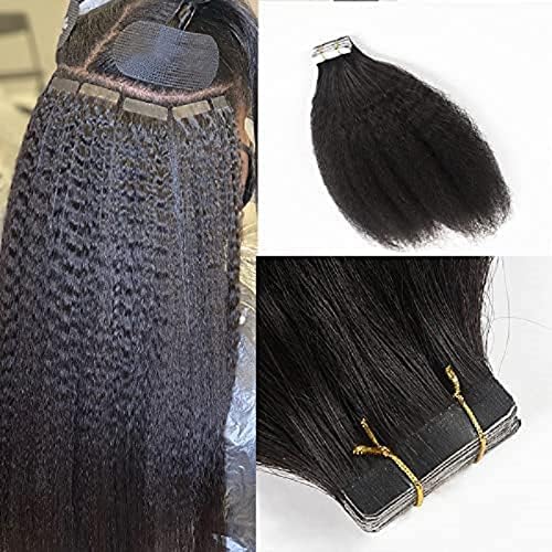 Tape in Human Hair Extension Kinky Straight Brazilian Remy Hair Tapes on Coarse Italian Yaki Skin Weft Tape Human Hair Extension 40pcs 100g (10inch 40pieces, #2(Darkest Brown))