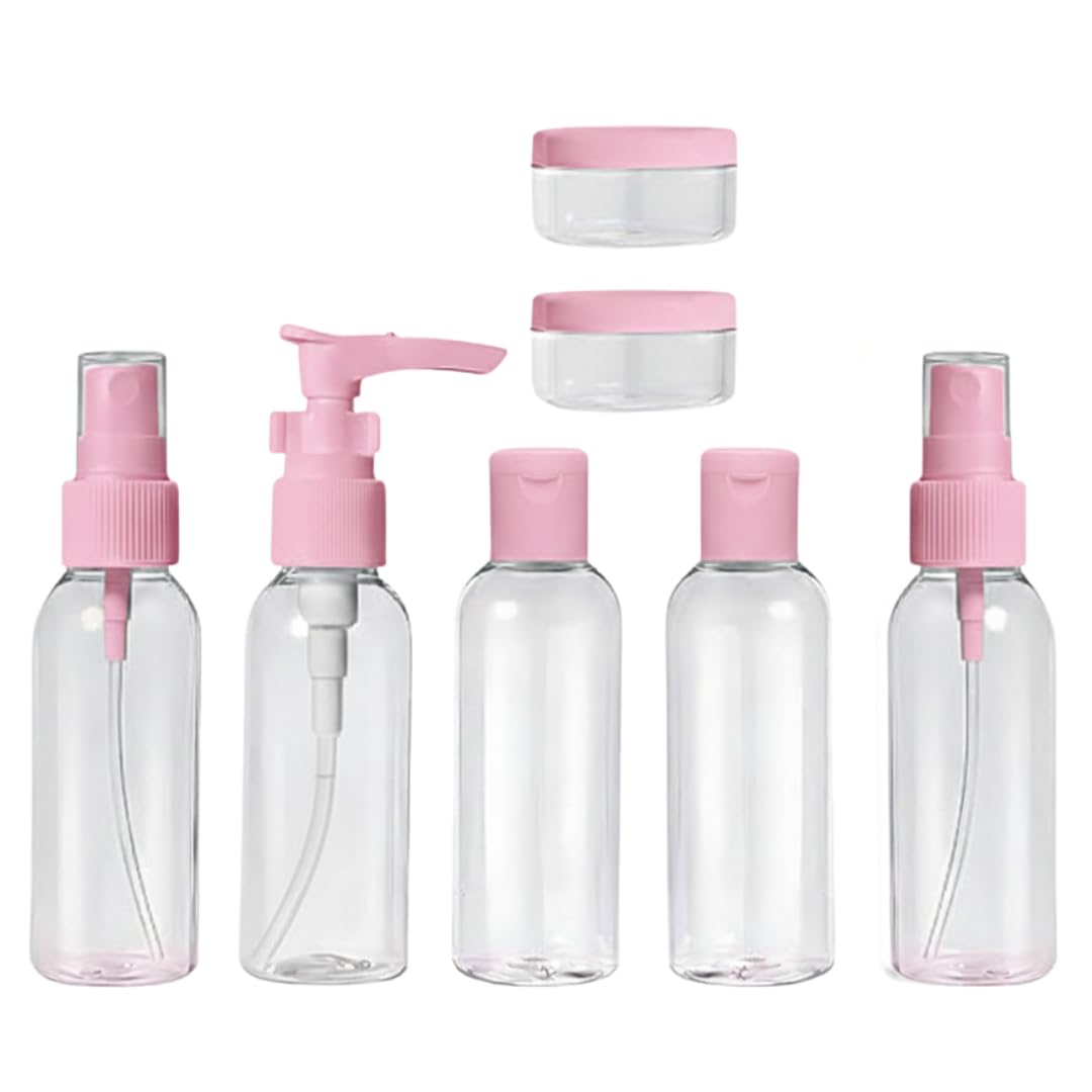 Travel Bottles Set, Clear Plastic, 7 Pieces, Spray Bottles, Lotion Pump, Flip Cap, Cream Jars, TSA Approved, Refillable Containers with Zipper Bag (Pink)-image-28