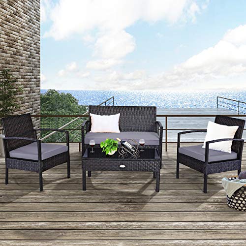 Image of Carry Bird 4 Piece PE Wicker Rattan Outdoor Furniture | 4 Seater Balcony Sofa With Tea Table | Set of 2+1+1 Outdoor Patio Chairs with Coffee Table | Sofa Sets & Center Table for Home & Garden | 3 Piece Patio Stools with Table | Indoor Patio Furniture Set Space Saving | Rattan Chair | Patio Set | Wicker Conversation Set | Poolside Lawn Arm Chairs Set For Balcony & Terrace | Balcony Table chair Set | Hotel Patio Seating Chair & Table Set with Glass | Brown Sofa Grey Cushion