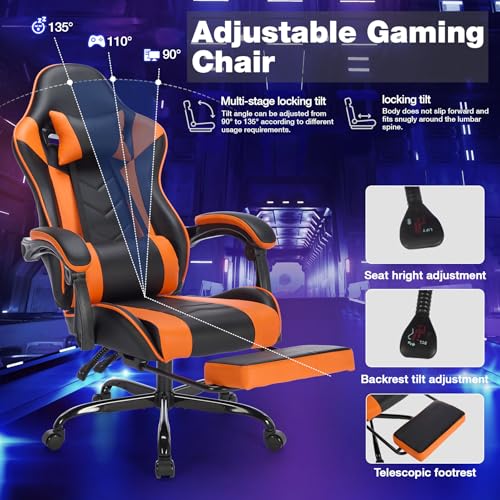 Image of Gaming Desk Chair for Adults, Ergonomic Gaming Chair (Black+Orange) | with Footrest Headrest and Lumbar Support, Leather Material Height Adjustable computer Video Game Chairs