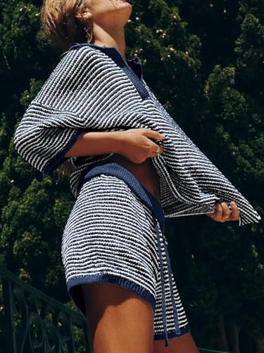 Image of Tankaneo Womens Sweater Set 2 Piece Outfits Oversized 3 /4 Sleeve V Neck Knit Tops High Waisted Shorts Lounge Sets