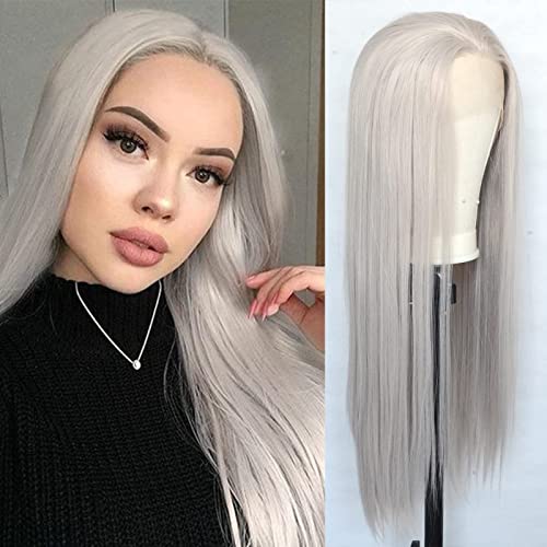 Luwigs Ash Silver Blonde Lace Front Wigs Long Straight Synthetic Wig Silky Heat Resistant Natural looking Wigs for Daily Use Cosplay Gray Wig 22inch (22 Inch, Ash Blonde,Straight)