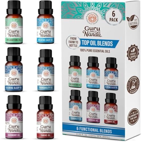 GuruNanda Essential Oil Blends (Set of 6) – Natural Essential Oil Set, Aromatherapy Oil Blends for Diffusers – Breathe Easy, Tranquility, Harmony, Calming Sleep, Relaxation & Thrive