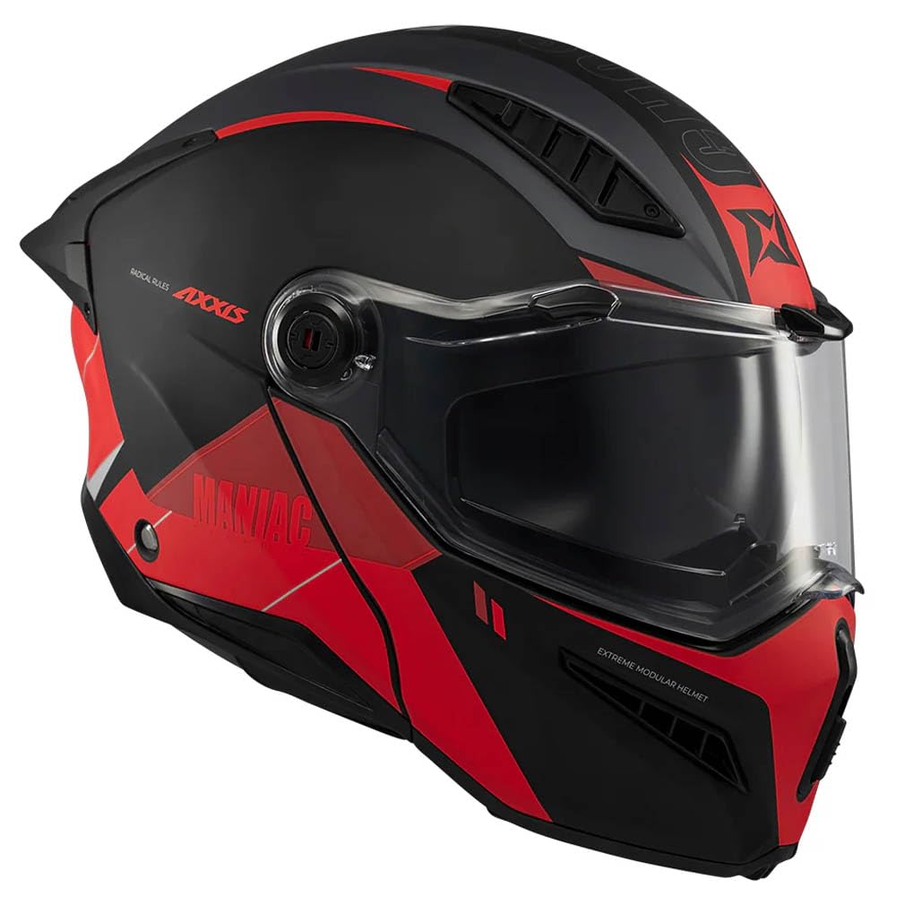 AXXIS Ghostfighter SV Maniac Negro Rojo Mate - Casco de Moto Modular Abatible Diseño Streetfighter con Visor Solar - Unisex Hombre y Mujer - Homologado P/J ECE 22.06