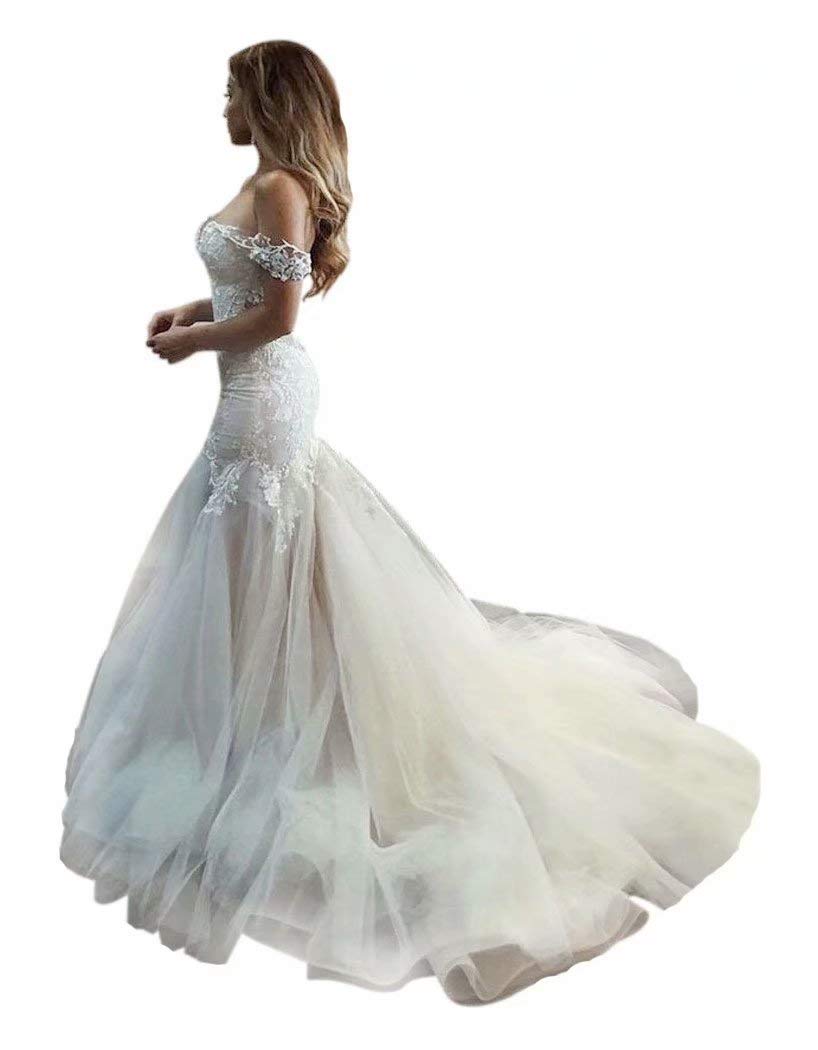 Cathedral Train Mermaid Wedding Dress Beaded Applique Off Shoulder Bride Dresses QU89
