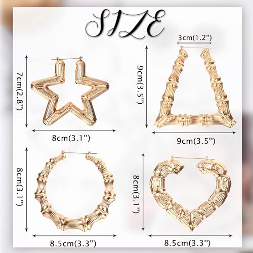 JeryWe 4 Pairs Custom Bamboo Hoop Earrings for Women 14K Gold Plated, Heart -Shaped Oversized Door Knocker Design, Personalized Hip Hop Style Jewelry, Vintage 90s Y2K Aesthetic2