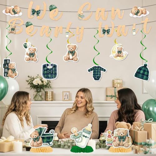 Image of Bearly Wait Baby Shower Decorations, 12PCS Vintage Plaid Teddy Bear Glitter Banners with Hanging Swirls Party Decorations, Welcome Baby Bear Honeycomb Centerpiece Decor Supplies