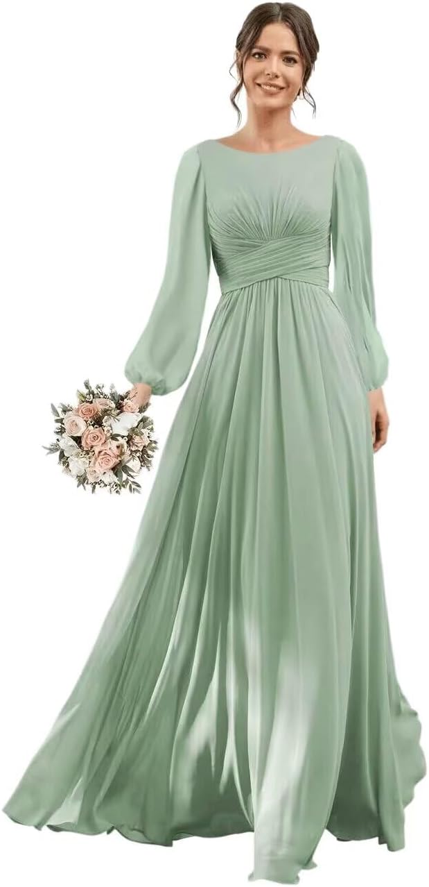 RSOETOO Chiffon Bridesmaid Dress Long with Slit Long Sleeve Formal Wedding Guest Dresses with Pockets RON014 - Image 5