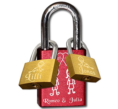 3Dglas Rotes Familien Liebesschloss (Familie, mit 2 Zusatzschlössern)| 1x 40mm (rot) + 2X 25mm (Messing, goldfarben)
